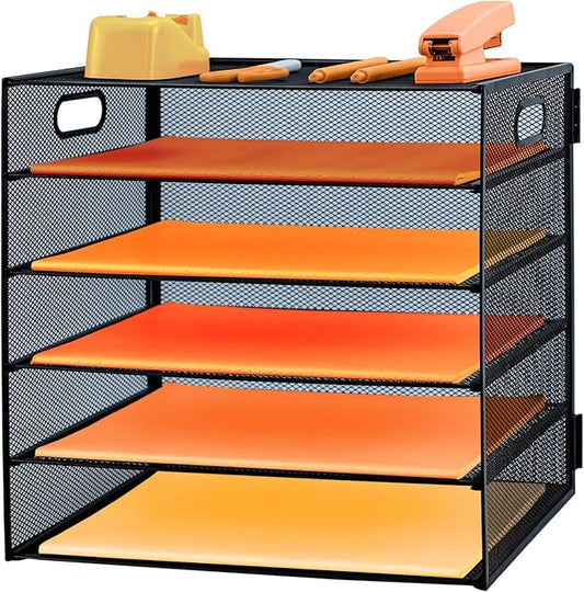 5-Tier Paper Letter Tray Organizer with File Holder，Paper Sorter Desk Organizer Metal mesh Desk Tray for Home Office School