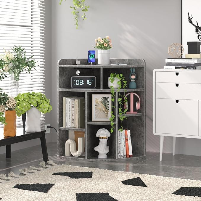VECELO Corner Cube Shelf with USB Ports & Outlets, Modern Corner Toy Storage Rack with Adjustable Shlef, Wooden Display Bookshelf Bookcase for Living Room, Bedroom, Dining Room, Kitchen, Gray
