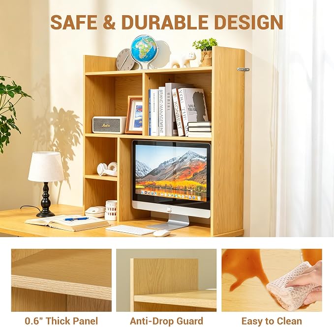 deli Desktop Shelf, Desk Hutch with 5 Shelves for Computer Desk, Desktop 3-Tier Display Rack, Multipurpose Wood Desktop Bookshelf Storage Organizer for Dorm Office Home, Natural