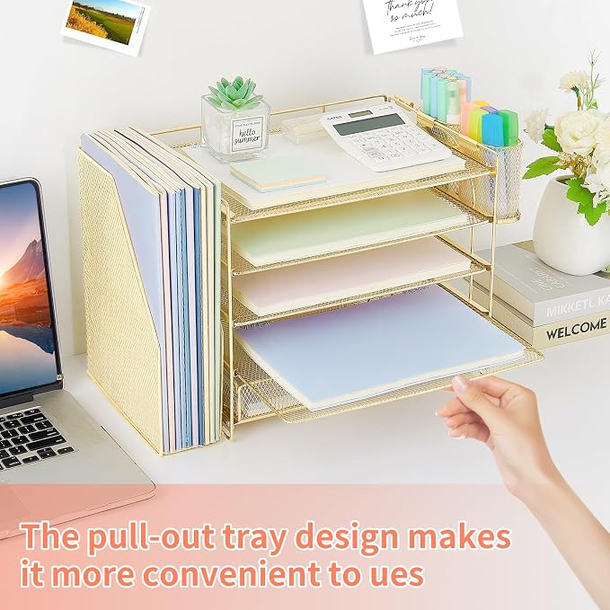 OPNICE Desk Organizer, 5-Tier Paper File Organizer with Drawer & Pen Holder, Office Desk Accessories, Workspace Desktop Organizer for Office Supplies(Gold)