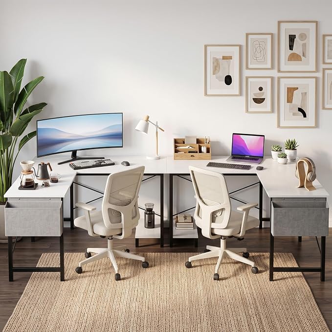 Alpen Corner Desk, L Shaped Gaming Desk with Storage Pocket and CPU Stand, Work Desk for Home Office, Small Corner Study Writing Table with Sturdy Metal Frame, 50 Inch, Classic White