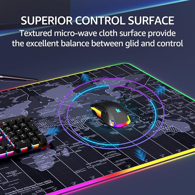 KTRIO RGB Large Gaming Mouse Pad, 31.5 x 15.7 in, RGB World Map, XXL | Smooth Micro-Weave Surface, RGB Lighting Design, Non-Slip Rubber Base, Durable Stitched Edges, Office & Home Use