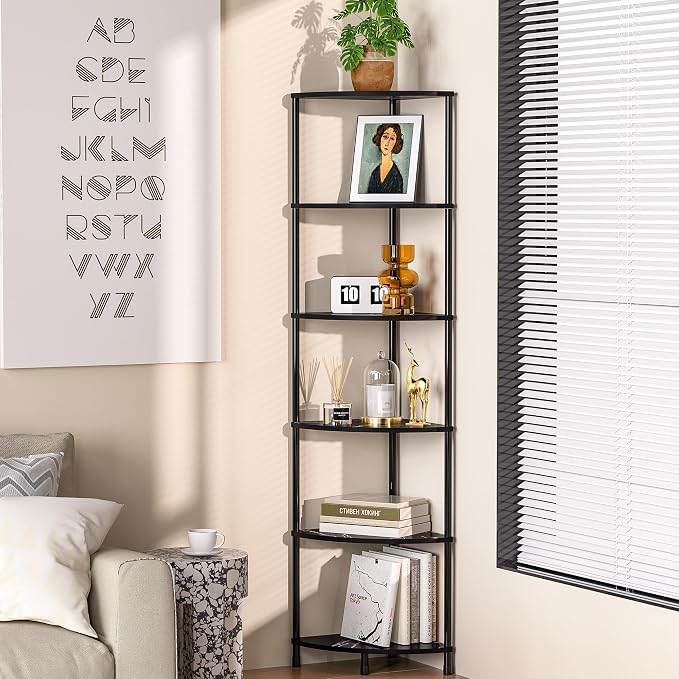 Book Shelf Corner Shelf, 6 Tier Corner Bookshelf Display for Living Room Decor, 54.4" Standing Shelves Bookcase Organizer, Marble Black Storage Shelves for Bedroom, Bathroom, Small Space