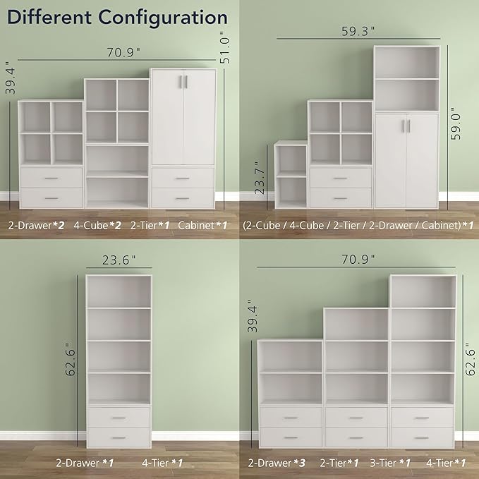 Homes: Inside + Out Apexa 3-Tier Stackable Wood Bookcase with Doors, Cube Storage Organizer Shelves, Small Food Pantry Cabinet, Dorm Teen Room Decor & Bedroom, Home Office, Kitchen, White