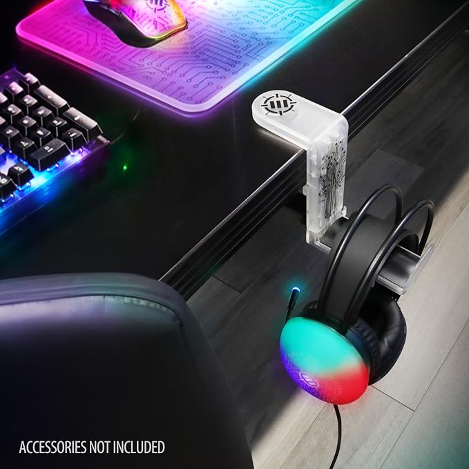 ENHANCE Voltaic 2 PC Gaming Headphone Holder - Desk Headphone Hanger Esports Headset Holder with Adjustable 360 Rotation, Under Desk Hook Clamp, Universal Fit - Built in Cable Clip Organizer - Clear