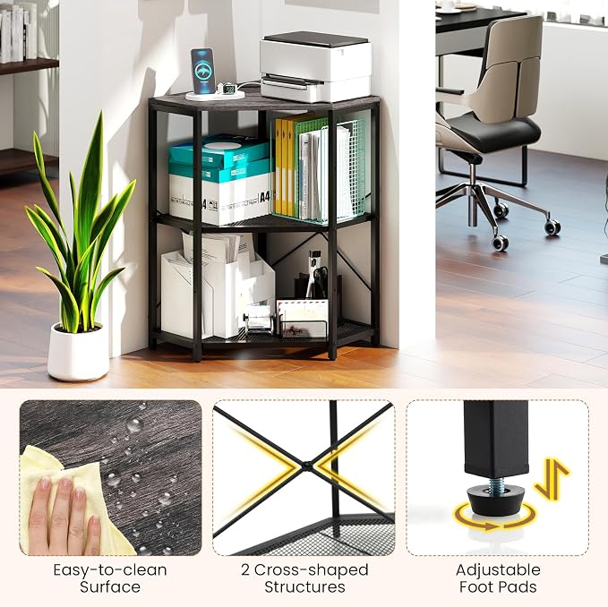 Tangkula Corner Printer Stand with Power Outlet, 3-Tier Storage Rack with Adjustable Metal Mesh Shelf, Freestanding Corner Table Computer Tower Holder for Home Office Living Room (Grey & Black)