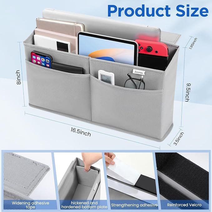 Desk Side Hanging Organizer, Adhesive Storage Bag with Pockets for Magazine Ipad Notebook, for End Tables Home Office Desks Computer Workstations Dressing Table, Grey