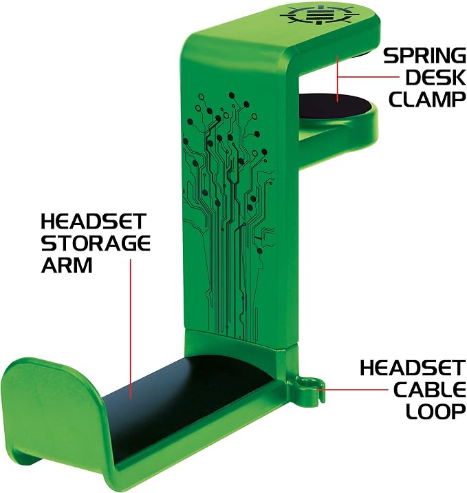 ENHANCE PC Gaming Headphone Holder - Desk Headphone Hanger Esports Headset Holder with Adjustable 360 Rotation, Under Desk Hook Clamp, Universal Fit - Built in Cable Clip Organizer - Green