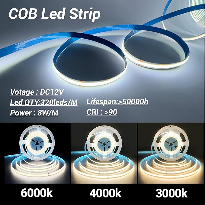 HAMRVL 12V COB LED Strip Lights 32.8ft (2 Rolls of 16.4ft), Plug-in 3000K Warm White Shelf Lights 320LEDs/M DIY Cut to Size Dimmable Under Shelf Lighting for Bookshelf, Display Case, Kitchen Cabinet
