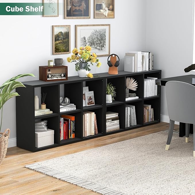 IRONMIX Metal Cube Storage Organizer, Short Bookshelf with Storage, 2 Tier Black Bookshelf Horizontal, Short Display Cabinet, Small Cube Bookcase TV Stand for Home Office Library (Black, 700+1037)