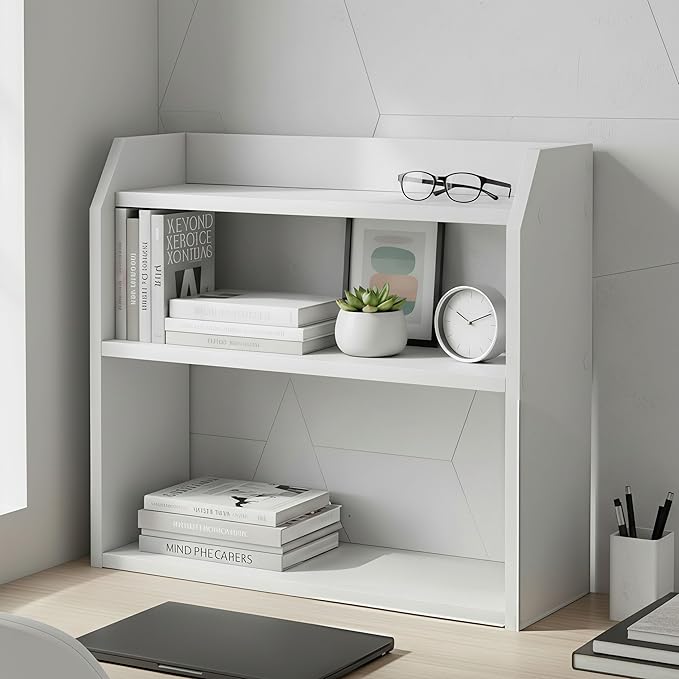Tangkula 3-Tier Desktop Bookshelf, Wooden Countertop Bookcase with Guardrails, Space-Saving Desk Display Hutch Shelf, Modern Tabletop Storage Organizer for Study Room, Office and Dormitory (2,White)