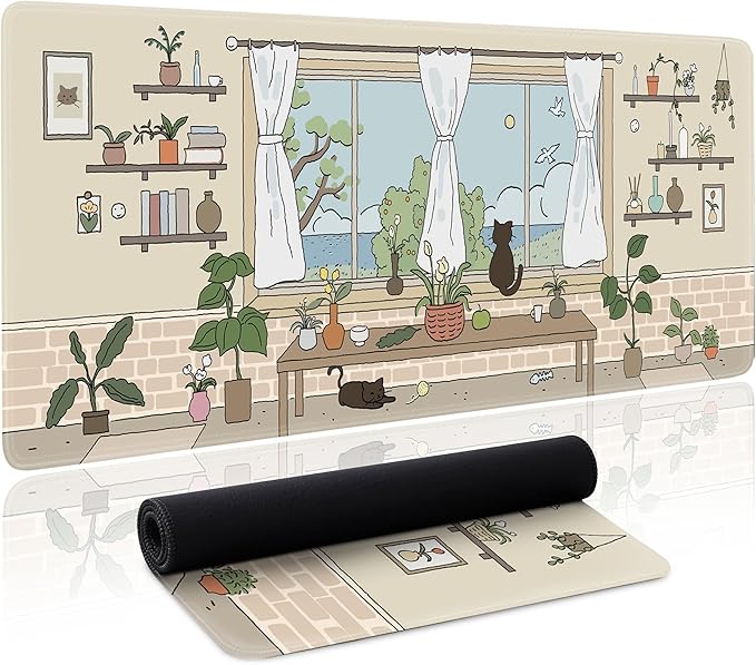 Kawaii Cat Mouse Pad Large Desk Mat Extended Keyboard Mouse Pad Cute Mousepad with Non-Slip Base and Stitched Edge Cat Mouse Mat Desk Pad 31.5 x 11.8 in Mouse Pads for Desk Decor Home Office Gaming