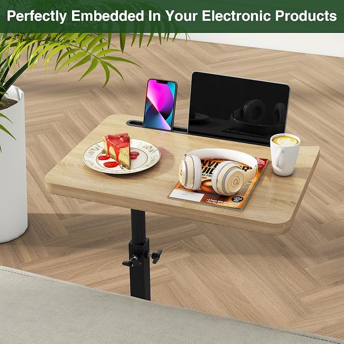 IBUYKE C Shaped Side Table, 360° Swivel Height Adjustable End Table for Small Spaces, with Phone & Tablet Slot, Modern Small Coffee Snack Table for Sofa/Bed, Natural UTVT003R