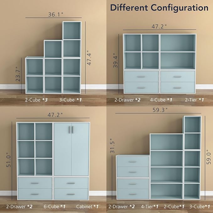 Homes: Inside + Out Apexa 3-Tier Stackable Wood Bookcase with Doors, Cube Storage Organizer Shelves, Small Food Pantry Cabinet, Dorm Teen Room Decor & Bedroom, Home Office, Kitchen, Light Blue