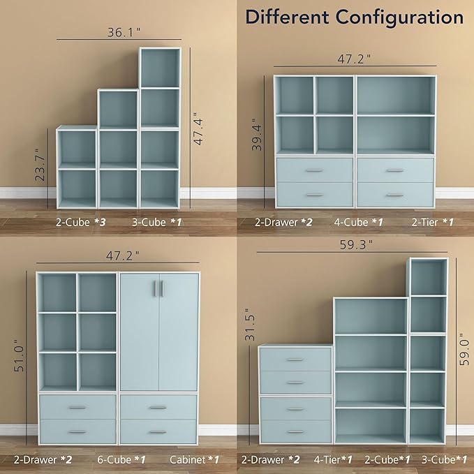 Homes: Inside + Out Apexa 2-Cube Storage Organizer Shelves, Stackable Wood Bookcase Fits Cubby Bins for Organization, Dorm Teen Room Decor & Home Office, Light Blue