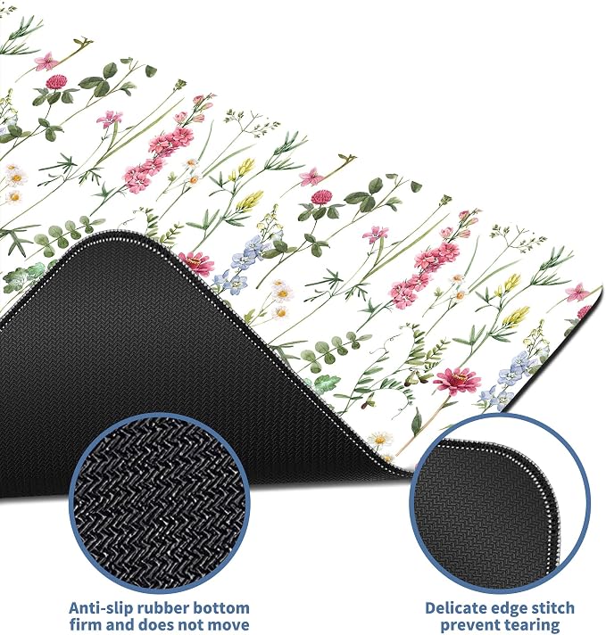 White Kawaii Flower Mouse Pad Large Desk Mat Extended Keyboard Mouse Pad Cute Mousepad with Non-Slip Base and Stitched Edge Floral Mouse Mat Desk Pad 31.5 x 11.8 Mouse Pads for Desk Home Office Gaming