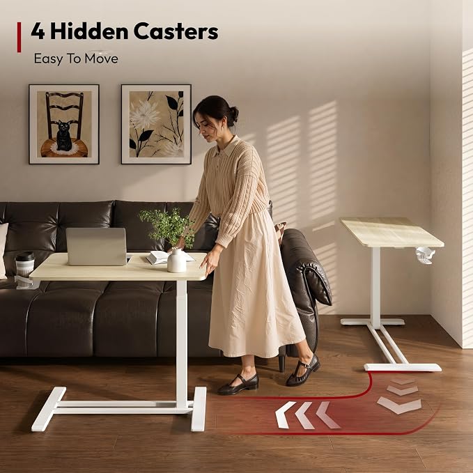 SANODESK Medical Adjustable Overbed Bedside Table with Hidden Casters, Pneumatic Mobile Laptop Computer Standing Desk Cart with Tray, Hospital and Home Use(27.6" W x 15.7" D, Pink)