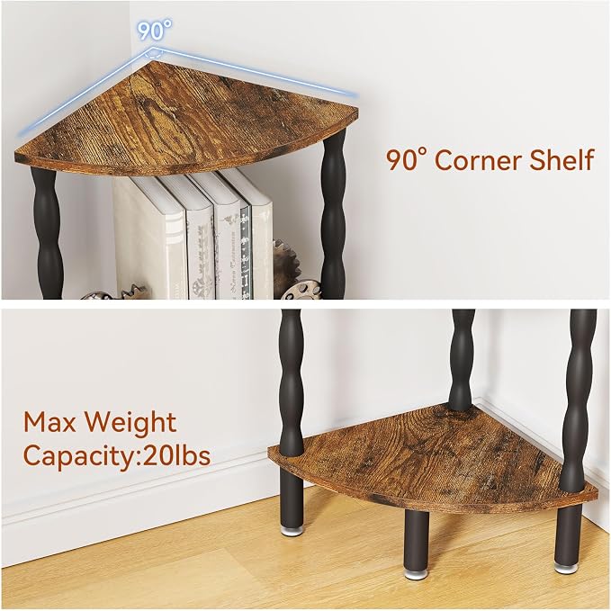 IBUYKE 5-Tier Corner Shelf,Stylish Corner Bookshelf for Small Spaces,Industrial Corner Storage Display Shelves,Small Corner Table for Bedroom,Bathroom,Kitchen, Brown WBC020H