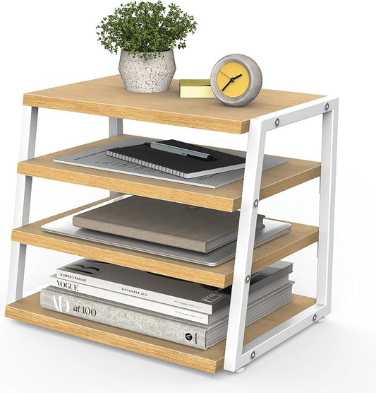 Fenge Desk Shelf Organizer, 4 Tier Desktop Shelf, Wood and Metal Office Shelves, Corner File Organizer for Office Supplies, Top of Desk Organizers and Accessories