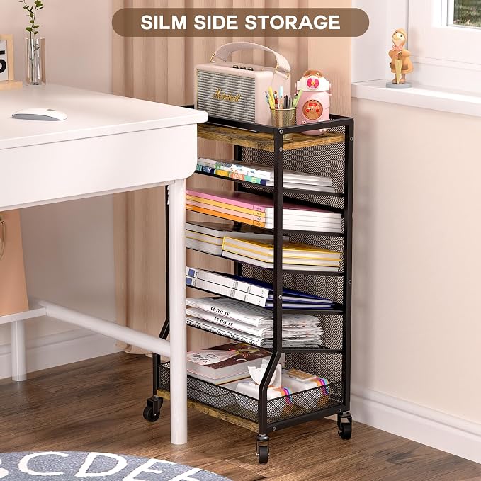 ThreeHio 7 Tier Rolling File Cart with Sliding Trays, Wood Metal File Organizer Beside Desk, Free-Standing File Holder, Paper Letter Tray Organizer Mesh Desk Organizer for Home Office School (Patent)
