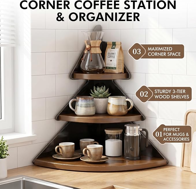 3-Tier Corner Desk Shelf, Solid Wood Desktop Organizer, Vintage Brown Corner Storage Table, Space Saving Freestanding Shelf for Bedroom, Home Office, Kitchen, Bathroom (Black,Cat)