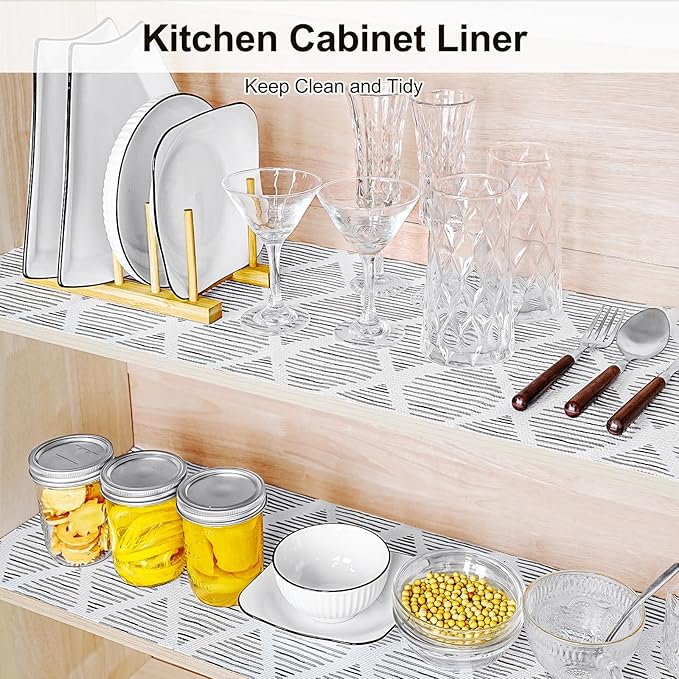 GTJ Drawer and Shelf Liner for Kitchen Cabinet,17.5IN x 10FT Non-Adhesive Cabinet Liner,Waterproof Shelf Paper Non-Slip Mats Cupboard Liner Contact Protect Dresser/Shelves/Table-Square Stripes