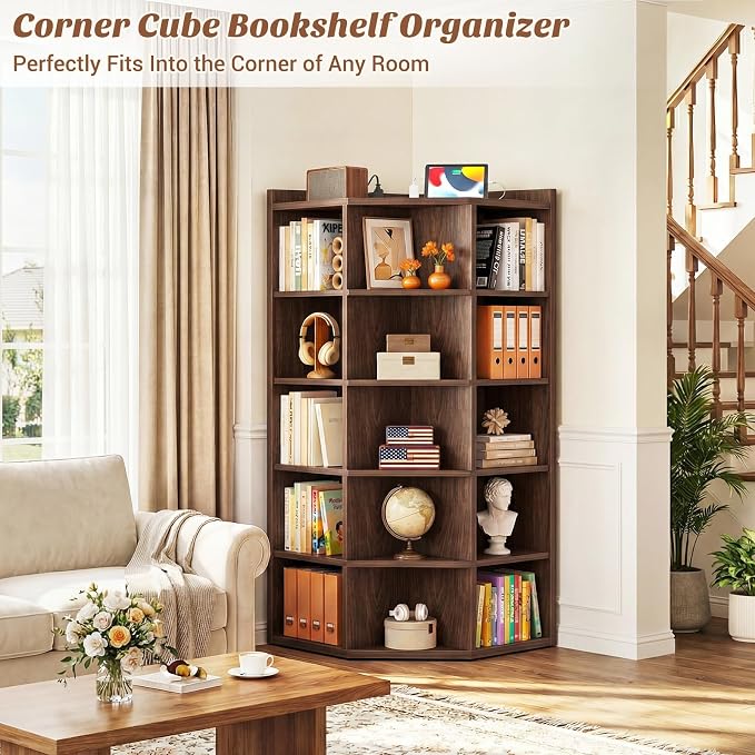 Aheaplus 6-Tier Corner Cube Bookshelf with Power Outlets, Wooden Corner Storage Cabinet with 15 Cubes, Corner Cube Organizer Shelf with Top Table, L Shaped Cubby Bookcase for Home Office, Black Walnut