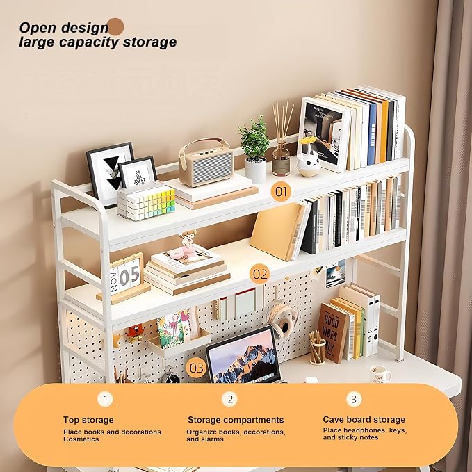 2-Tier Desktop Bookshelf Hutch - Metal Desk Shelf Bookcase with Desk Pegboard Countertop Storage Organizer Rack for Dorm or Office (B, 70cm/27.5in)