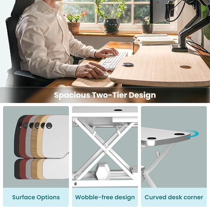 VERSADESK PowerPro 48 Inch Electric Standing Desk Converter – Push-Button Height Adjustable Sit to Stand Desk Riser for Multiple Monitors – Motorized Desktop Workstation with Wide Keyboard Tray, White