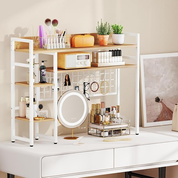 Tangkula Desktop Bookshelf for Computer Monitor Up to 32”, Countertop Storage Hutch with 4 Open Storage Shelves, Grid Panel, Anti-tip Device, 4-Tier Desktop Display Shelves for Home Office (Natural)