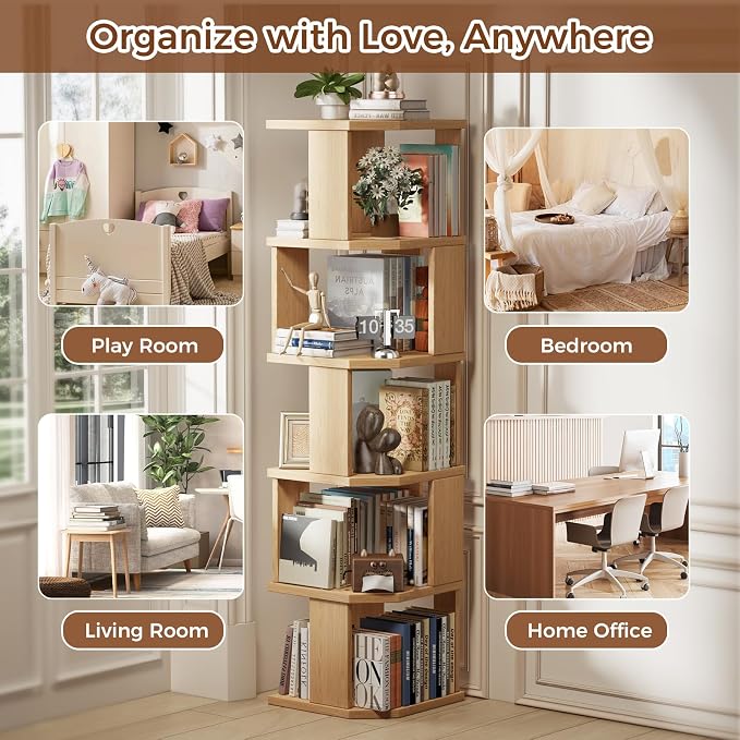 5 Tier Square Bookshelf Tower, Floor Standing Corner Bookshelf Modern Organizer Storage Display Rack for Home Office Living Room Study, Small Spaces
