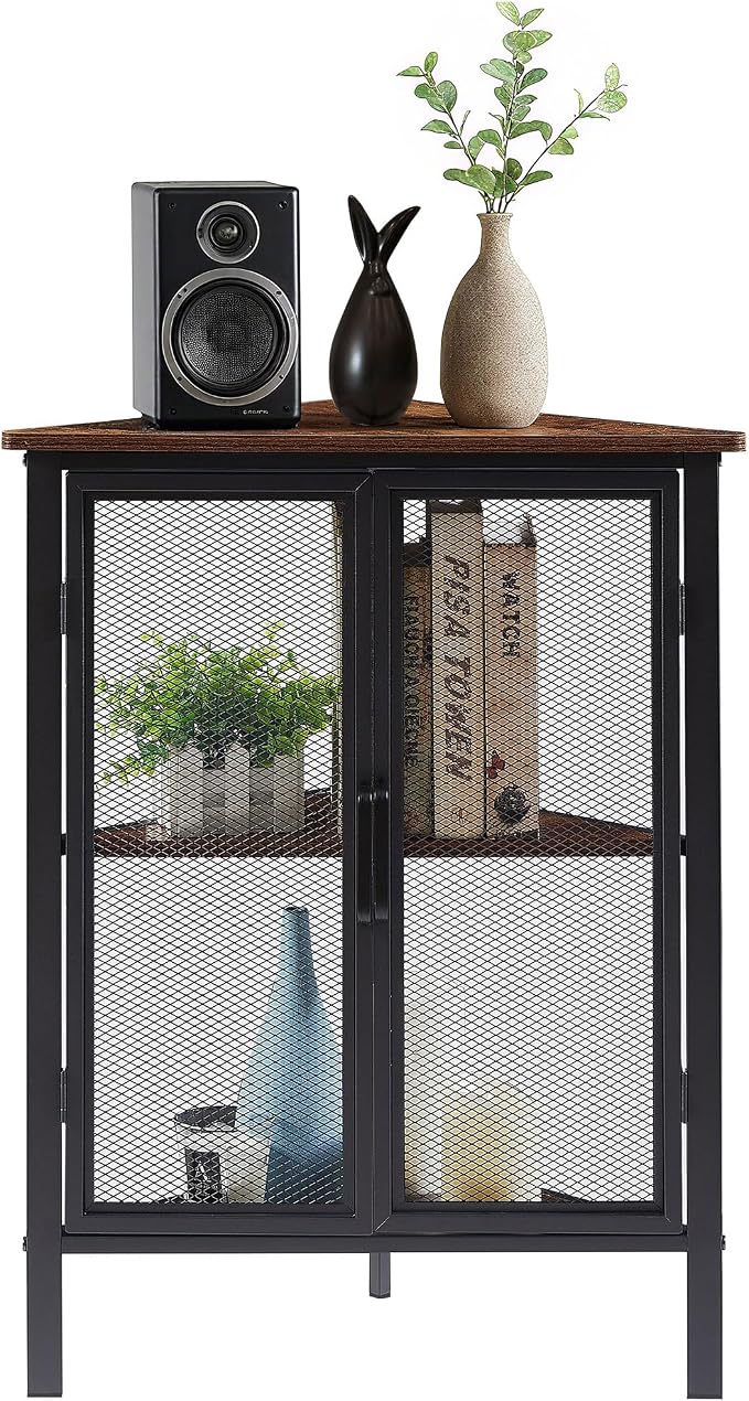 VECELO 3-Tier Corner Table,Cabinet with Mesh Door,Corner Shelf Stand,Metal Frame Storage Shelf Organizer Display Shelves for Wall Corner,Living Room,Bedroom Kitchen,Bathroom