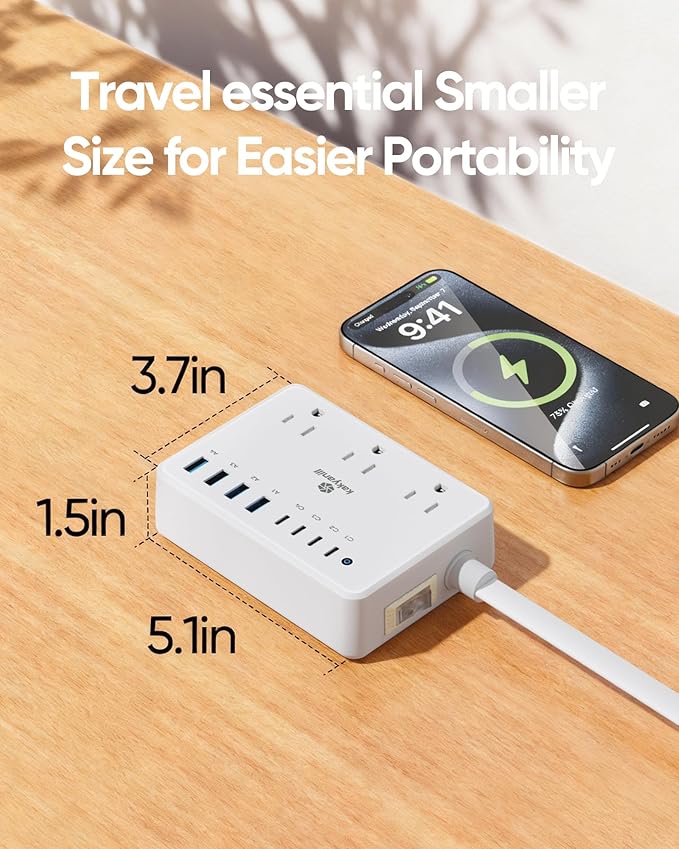 Small Surge Protector Power Strip, Kakyanill 5 ft Flat Extension Cord with 4 Outlets 3 USB Ports (2 USB C), 900 Joules Protection, Suitable for Home Office Dorm Room, White