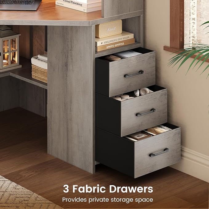 SEDETA 31.5" Small Corner Desk, Farmhouse Corner Desk with Hutch & 3 Drawers, Corner Desk for Small Space, Small Corner Computer Desk with Storage Shelves & LED Lights for Home Office, Grey