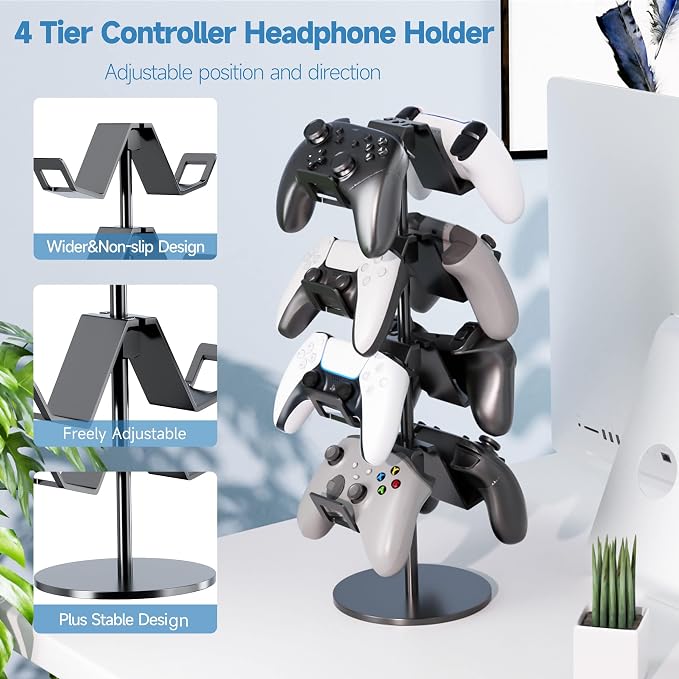 Controller Holder 4 Tier,Headphone Stand - Adjustable Headset Holder for Xbox PS5 PS4 Switch Pro - Gaming Accessories Storage for Gamer,Desk/Floor(Black)
