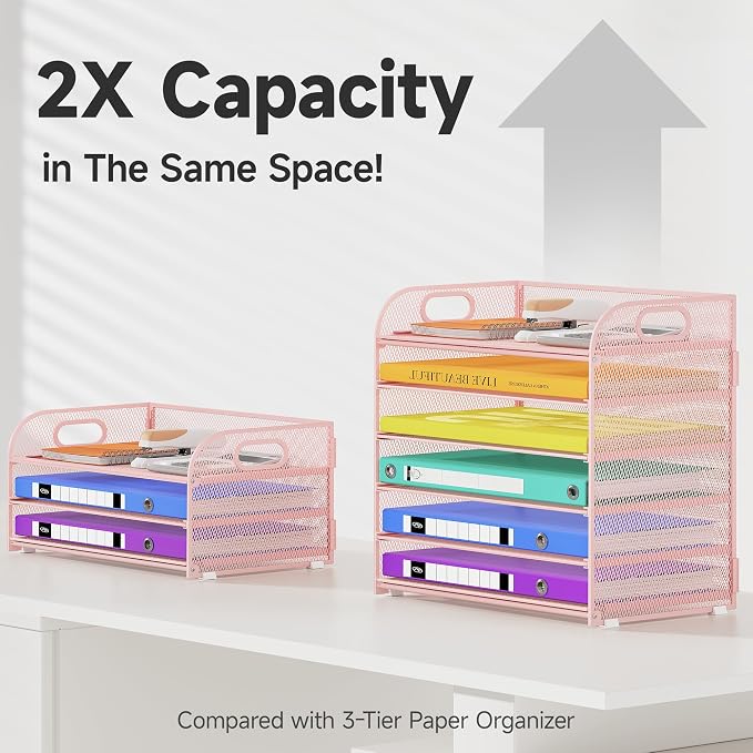 Cawukege 6 Tier Paper Organizer, Pink Letter Tray with Handle, Mesh Desk Organizer, Metal File Organizer, Office Desk Accessories for Home, Office, Classroom, School