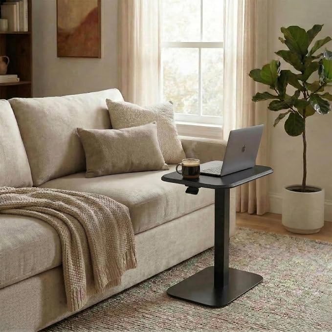 Elevance Height Adjustable Side Table, Black Base, Carbon Black Top | Sofa Laptop Table for Couch & Bed | Small C-Shape End Table for Home or Office