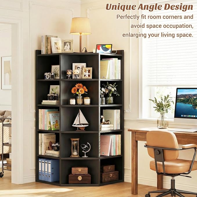 Aheaplus 6-Tier Corner Cube Bookshelf with Power Outlets, Wooden Corner Storage Cabinet with 15 Cubes, Corner Cube Organizer Shelf with Top Table, L Shaped Cubby Bookcase for Home Office, Black
