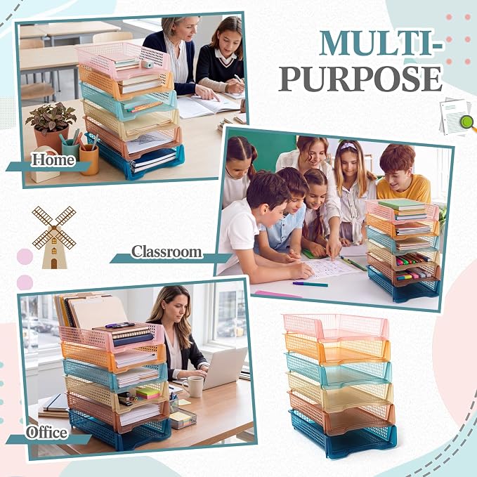Geetery Set of 12 Plastic Trays for Teachers Turn in Trays Classroom Stackable Paper Tray Plastic Classroom Teachers Desk Letter Organizer Storage Baskets for Office, Desk, Home (Clear Boho Color)