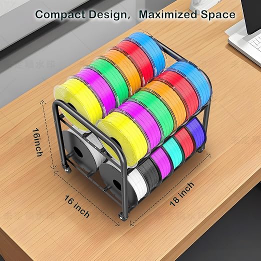 2-Tier Metal Filament Rack, Compact Under Desk 3D Filament Spools Rolling Cart with Adjustable Spools Storage Holds 24+ PLA/ABS/TPU Filaments, for Home, Office Workshop, Studio