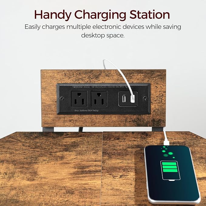 MAHANCRIS Corner Printer Stand with Charging Station, 3-Tier Large Printer Table with Adjustable Feet, Metal Frame Storage Shelf for Office, Living Room, Small Space, Rustic Brown PTHR14E01