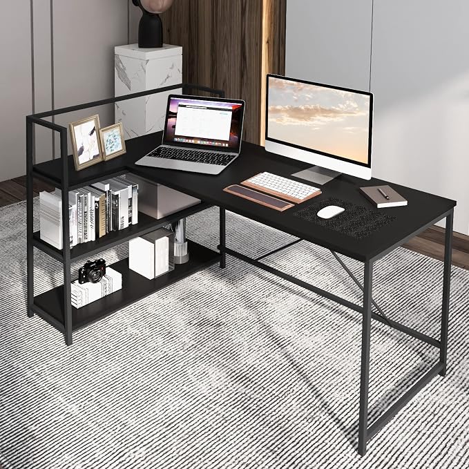 Tangkula Reversible L-Shaped Computer Desk, Space Saving Corner Desk with 3-Tier Storage Shelves & Metal Frame, Modern Executive Home Office Desk, PC Laptop Desk Workstation for Small Space (Black)