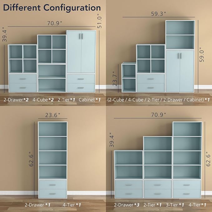 Homes: Inside + Out Apexa 6-Cube Storage Organizer Shelves, Stackable Wood Bookcase Fits Cubby Bins for Organization, Dorm Teen Room Decor & Home Office, Light Blue
