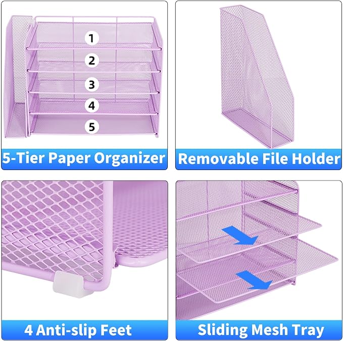 OPNICE Desk Organizer, 5-Tier Paper Organizer Letter Tray with Magazine Holder, Office Desk Accessories & Workspace Organizers, Desktop File Organizer for Office Supplies Storage, Purple