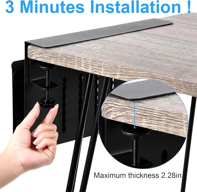 Desk Side Storage, No Drill Laptop Holder with Magnetic Pen Organizer, Clamp On Under Desk Mount for Home Office, Fits Flat Edge Tables 0.3" to 2.8"