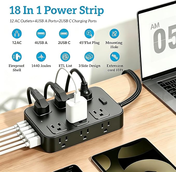 Flat Plug Power Strip Surge Protector with 12 AC Outlets 6 USB Ports 3 Side Multi Plug Outlet Extender 10 Ft Extension Cord for Home Office Kitchen Dorm Wall Desk Charging Station ETL Listed