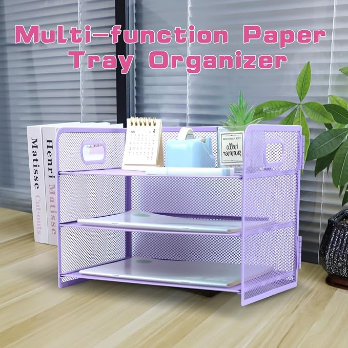 3 Tier Lettrer Tray Organizer with Handle, Metal Mesh Desk File Organizer with Sliding Trays, Paper Sorter Desk for Home Office School, Purple