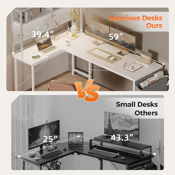 Mericonia 59 inch Large L Shaped Desk with Pegboard Hutch & Shelves, Corner Gaming Desk with Power Outlet, LED Light & Storage Bag, Reversible Computer Desk for Home, Bedroom, Office Workspace, White