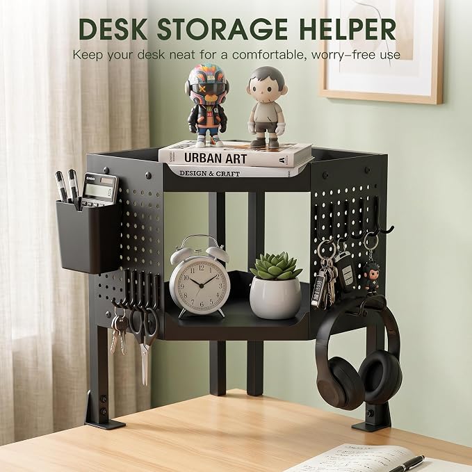 2-Tier Metal Clamp On Desk Shelf, Heavy Duty Desk Storage Organizer with 2 Removable Pegboards and Headphone Holder,Corner Desk Shelf with Pencil Cup and Hooks for Desk Accessories (Black)