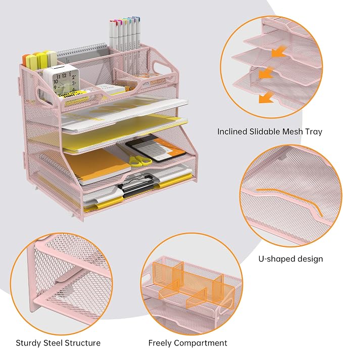 YINGHUA 5 Tier Paper Tray Letter Organizer with Top 6 Adjustable Compartments - Paper Sorter Office Desktop Accessories with Handles for Document,Mail,School Supplies Storage,Pink